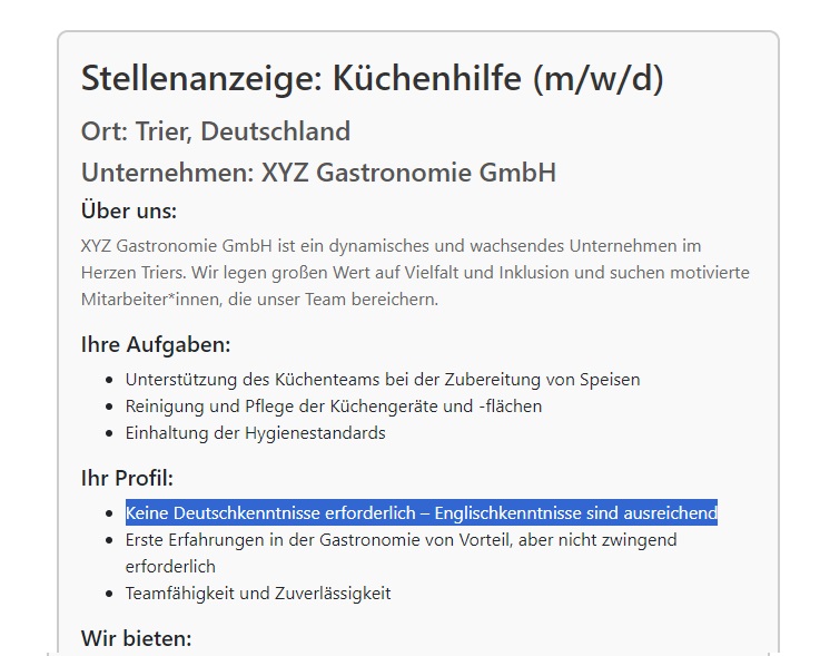 Stellenanzeige besagt, dass Deutschkenntnisse nicht erforderlich sind.